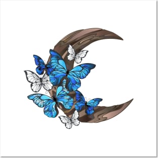 Blue butterflies on wooden crescent Posters and Art